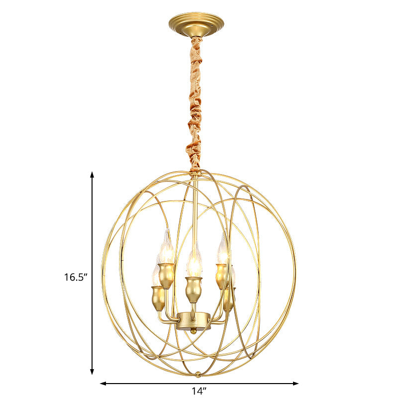 Globe Cage Metal Candle Chandelier Industrial 5 Bulb Dining Room Pendant Chandelier in Gold