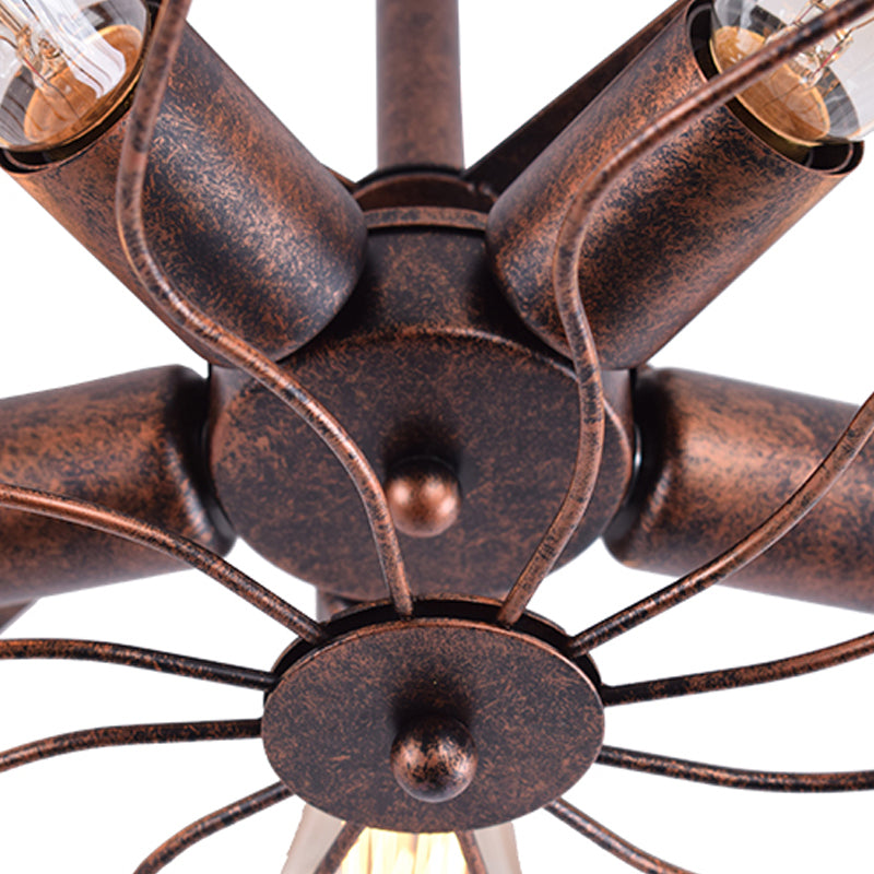 Fan Shaped Iron Ceiling Light with Wire Cage Shade Vintage 5 Lights Living Room Semi Flush Mount Light in Rust/Black