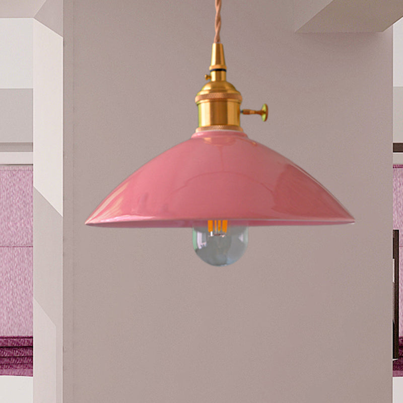 Dome Shade Iron Pendant Light Fixture Vintage Single Light Restaurant Hanging Ceiling Light in White/Pink/Blue