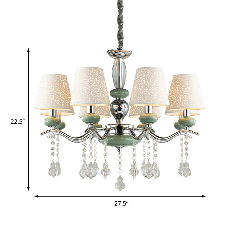 Nordic Cone Pendant Lamp Fabric 8 Lights Chandelier Light Fixture with Clear Crystal Drop in Green for Bedroom