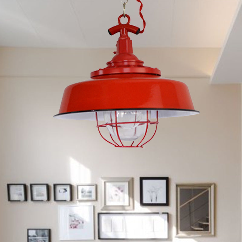 Barn Shade Restaurant Pendant Light Industrial Metal 1-Light Red Hanging Lamp with Wire and Chain