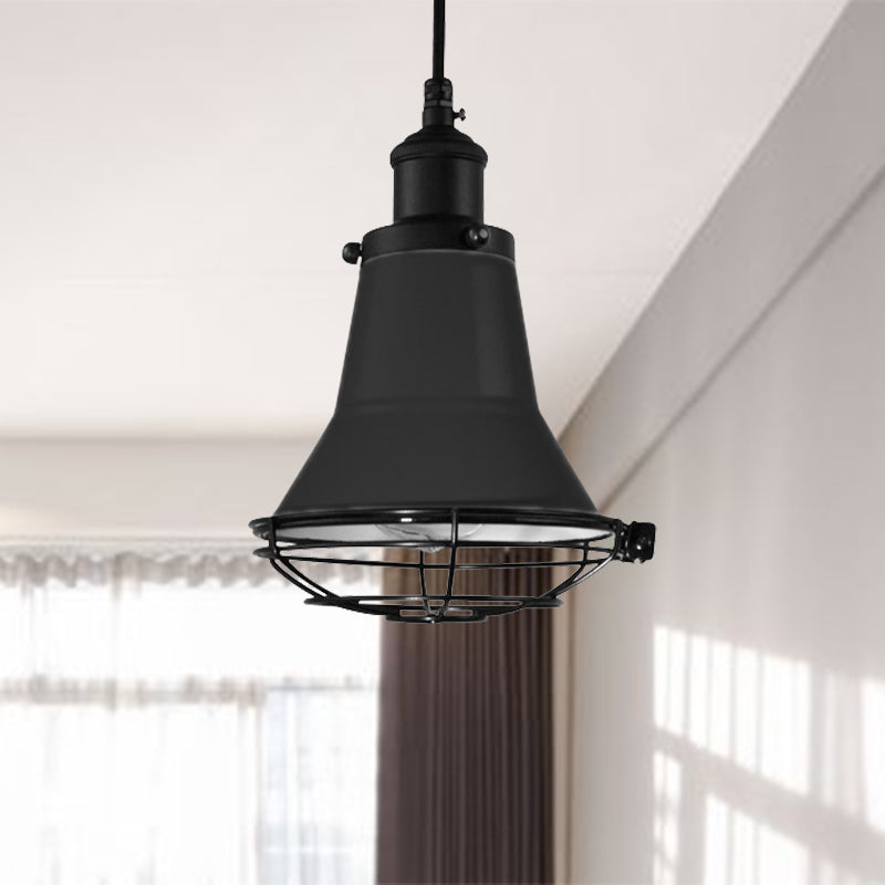 Bell Bedroom Ceiling Light Industrial Metal 1-Light Black/White/Yellow Pendant Ceiling Light with Wire Cage Shade