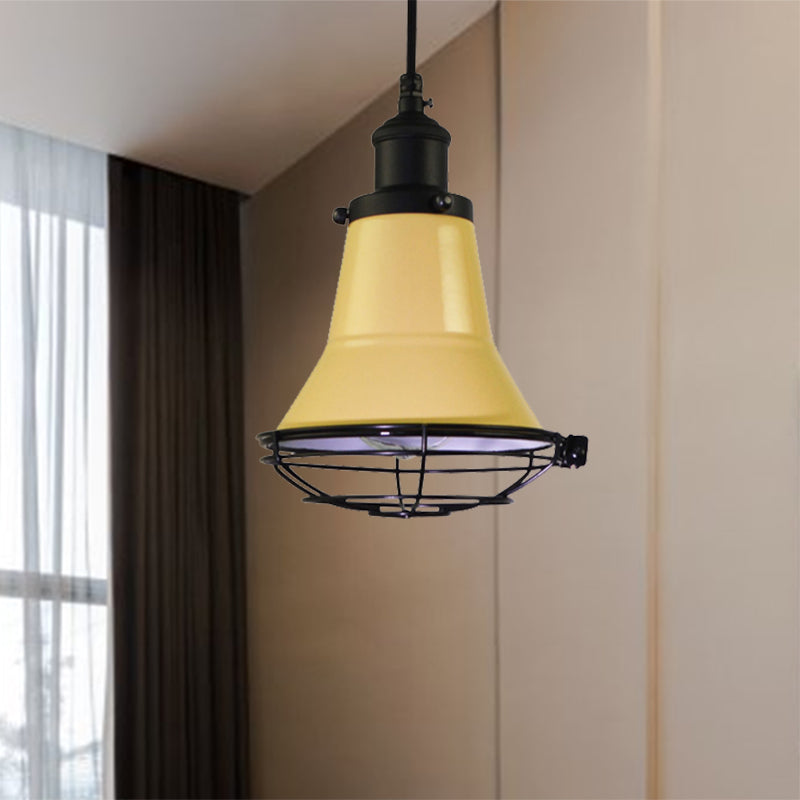 Bell Bedroom Ceiling Light Industrial Metal 1-Light Black/White/Yellow Pendant Ceiling Light with Wire Cage Shade