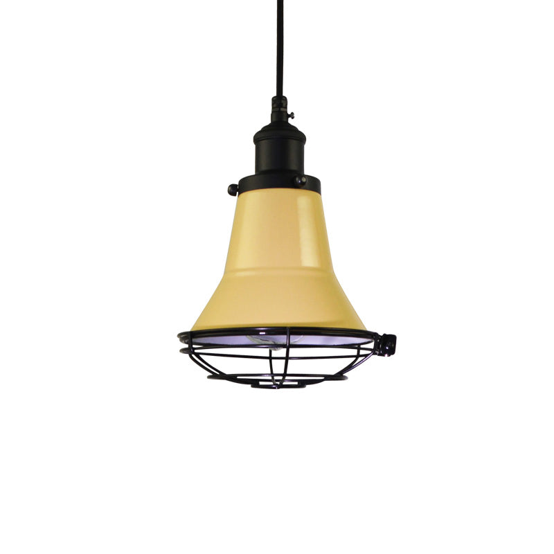 Bell Bedroom Ceiling Light Industrial Metal 1-Light Black/White/Yellow Pendant Ceiling Light with Wire Cage Shade