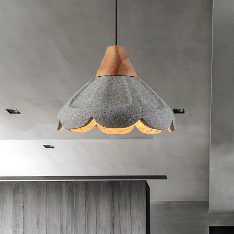 Grey 1-Light Pendant Lighting Nordic Style Concrete Scalloped Hanging Light Fixture with Wooden Cap for Restaurant