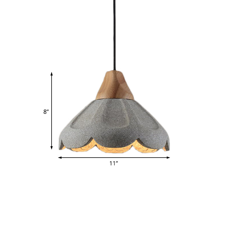 Grey 1-Light Pendant Lighting Nordic Style Concrete Scalloped Hanging Light Fixture with Wooden Cap for Restaurant