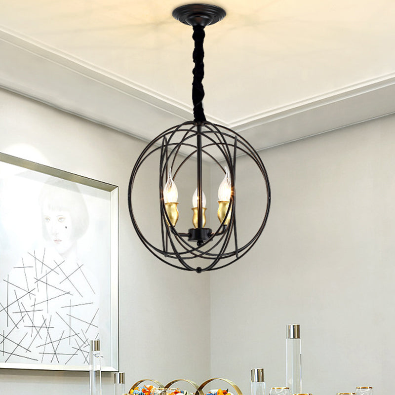 14"/19" Wide Black 3/6-Light Hanging Pendant Lighting Industrial Metal Candle Light Fixture with Orb Cage for Dining Room