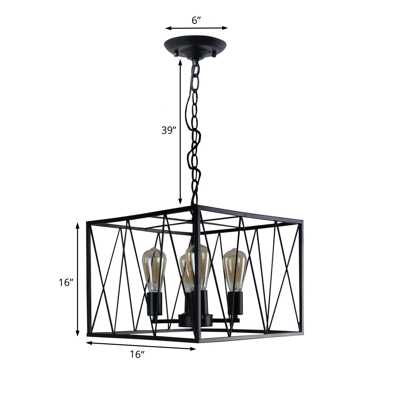 Black Cuboid Wire Frame Pendant Vintage Iron 4 Heads Dining Room Hanging Light Fixture