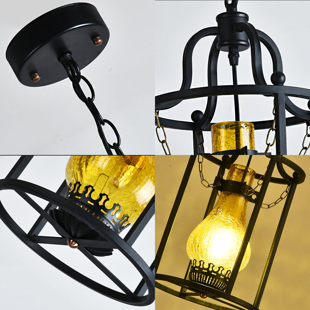 Black Cylinder Cage Shade Pendant Light Vintage Metal 1 Light Dining Room Hanging Lamp