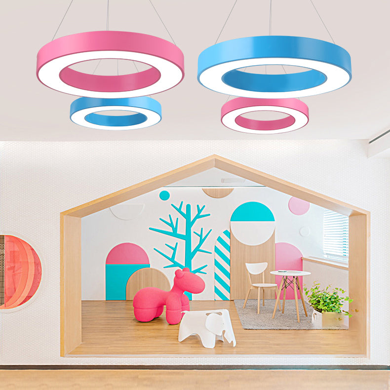 Integrated Led Drum Pendant Light Height Adjustable Metal Hanging Light for Play Room