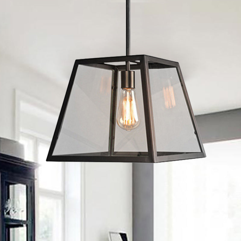 Metal and Glass Trapezoid Pendant Light Traditional 1-Light Dining Table Suspension Lamp in Black