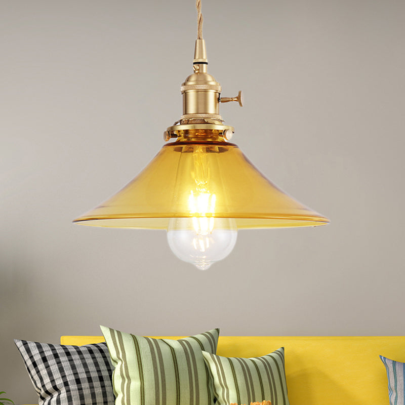 Brass Conical Pendant Ceiling Light Farmhouse Amber Glass 1 Light Living Room Hanging Lamp