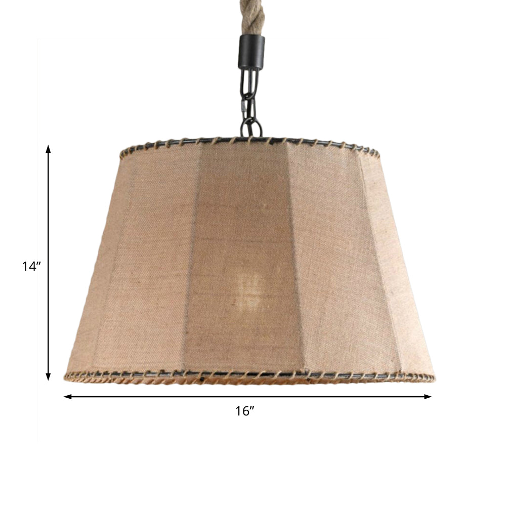 Industrial Tapered Shade Pendant Lighting 1 Light Rope and Fabric Hanging Light Fixture in Beige