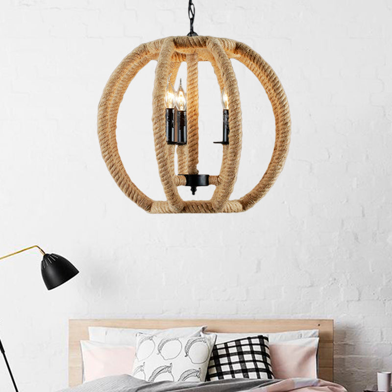 3-Light Globe Chandelier Industrial Beige Rope Pendant Light Fixture for Dining Room