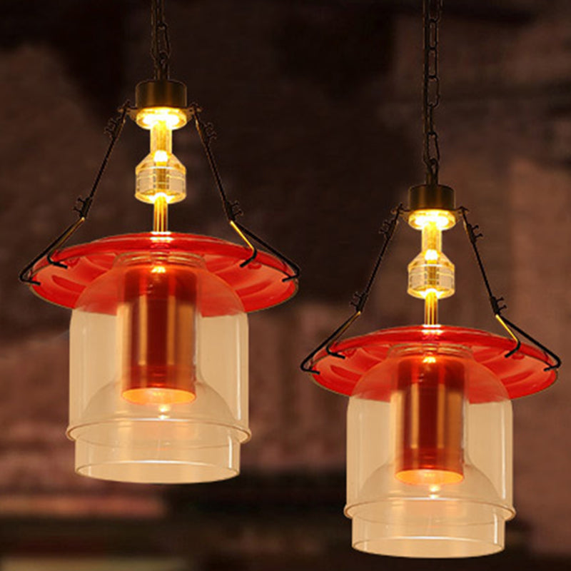 1 Light Cylinder/Cone Pendant Lighting Fixture Industrial Red Clear Glass Hanging Ceiling Light, 12"/19.5"