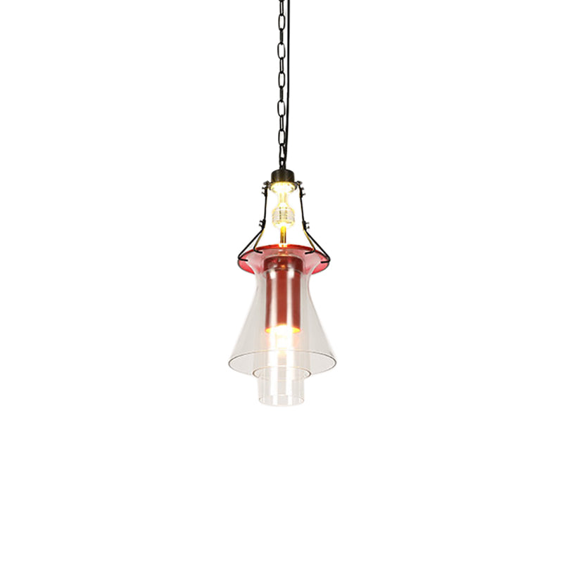 1 Light Cylinder/Cone Pendant Lighting Fixture Industrial Red Clear Glass Hanging Ceiling Light, 12"/19.5"