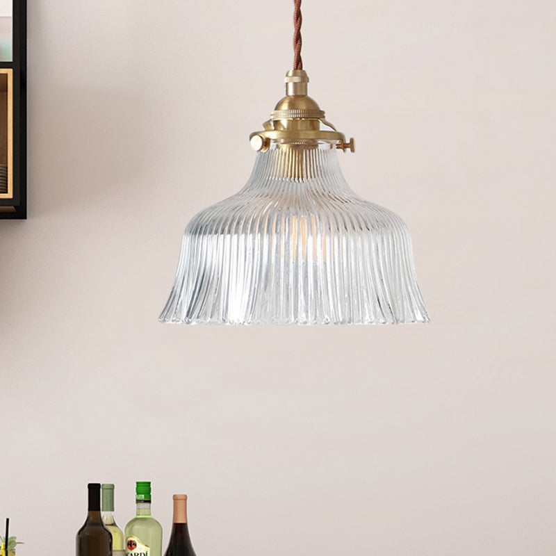 Brass 1 Light Pendant Lighting Industrial Clear Textured Glass Barn Hanging Lamp for Indoor, 6"/8"