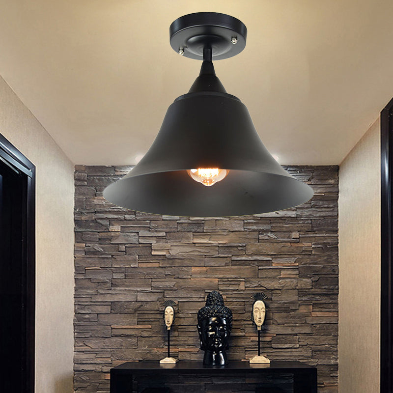 Cone Metal Semi flush industriële Single Lamp Living Room Plafond Verlichtingsarmatuur in Zwart