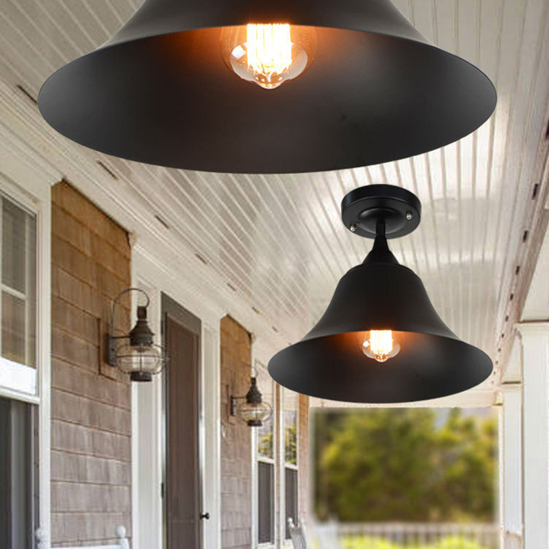 Cone Metal Semi Flush Industrial Single Bulb Living Room Ceiling Lighting Fixture in Black