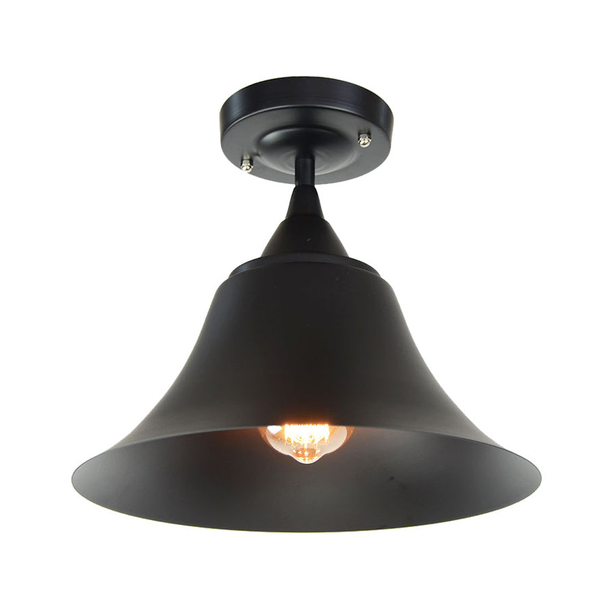 Cone Metal Semi Flush Industrial Single Bulb Living Room Ceiling Lighting Fixture in Black