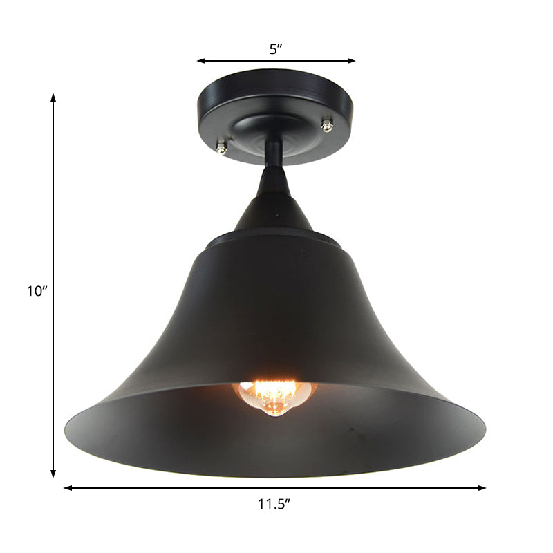 Cone Metal Semi Flush Industrial Single Bulb Living Room Ceiling Lighting Fixture in Black