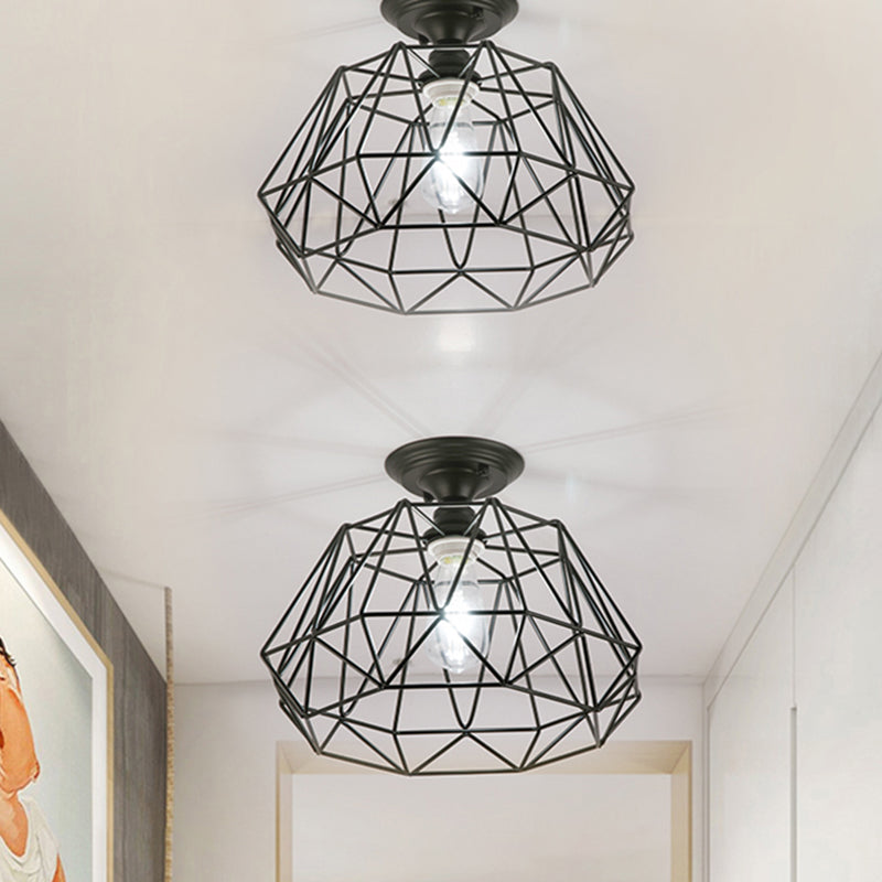 One Light Geometric Shaped Semi Flush Light Industrial Black Metal Lighting Fixture with Cage