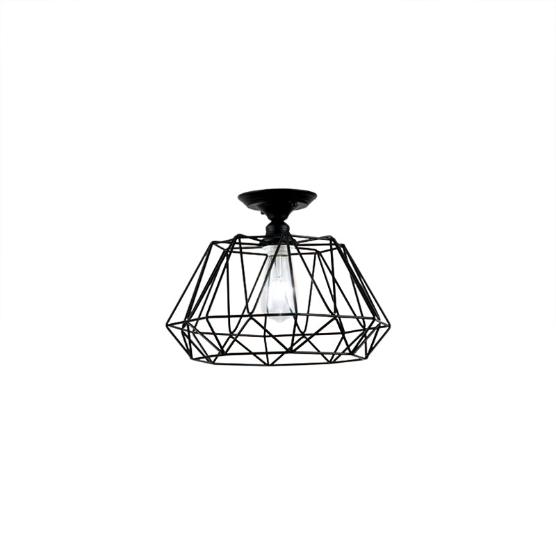 One Light Geometric Shaped Semi Flush Light Industrial Black Metal Lighting Fixture with Cage