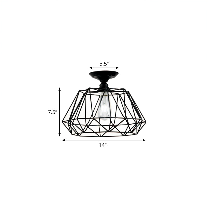 One Light Geometric Shaped Semi Flush Light Industrial Black Metal Lighting Fixture with Cage