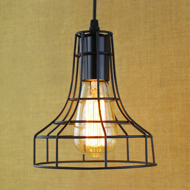 1 Head Pendant Lamp Antique Style Open Cage Metal Hanging Light Fixture in Black for Hallway