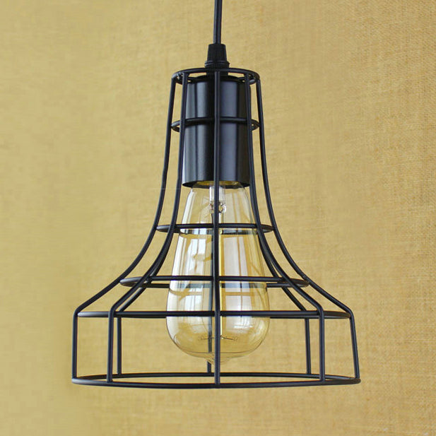 1 Head Pendant Lamp Antique Style Open Cage Metal Hanging Light Fixture in Black for Hallway