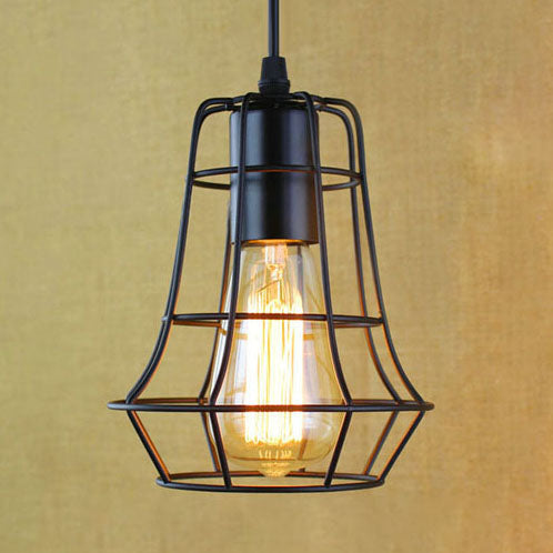 1 Head Pendant Lamp Antique Style Open Cage Metal Hanging Light Fixture in Black for Hallway