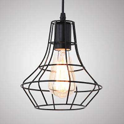 1 Head Pendant Lamp Antique Style Open Cage Metal Hanging Light Fixture in Black for Hallway