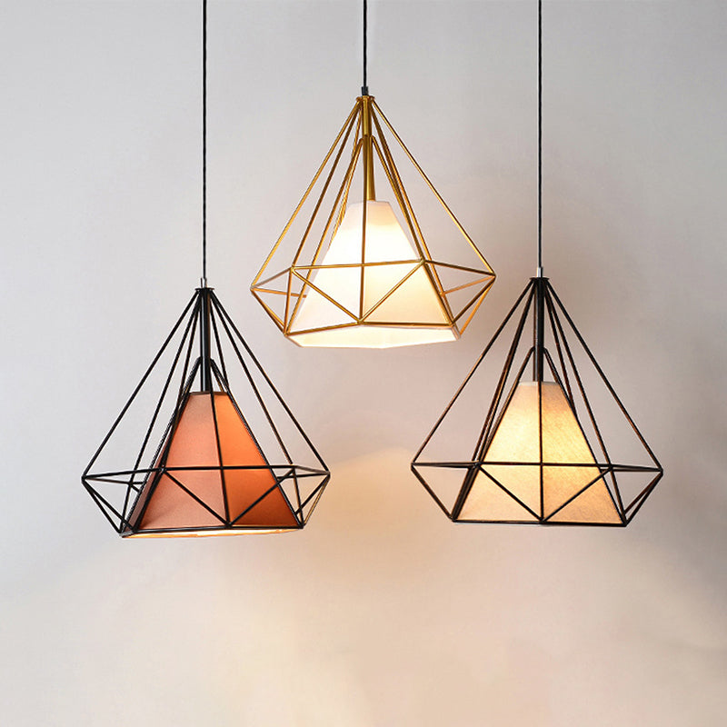 Industrial Cone Ceiling Pendant Single Fabric Hanging Pendant Light with Diamond Iron Cage