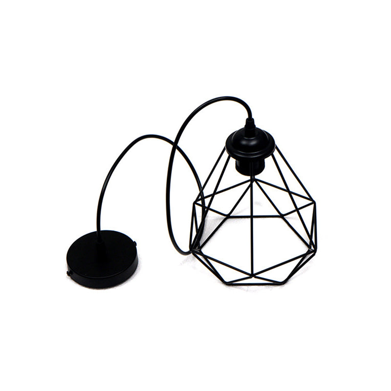 Single-Bulb Hanging Lamp Vintage Diamond Iron Ceiling Light in Black for Dining Room