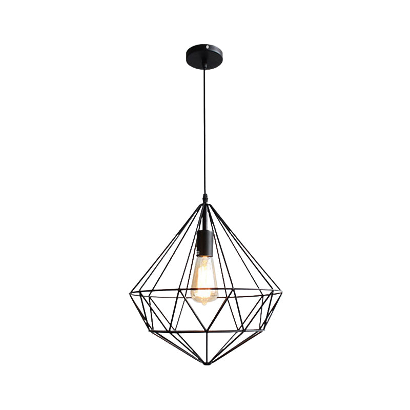 Diamond Cage Iron Hanging Lamp Vintage Single-Bulb Dining Room Hanging Light in Black