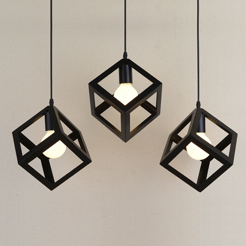 Geometrical Cage Dining Room Multi Ceiling Lamp Vintage Metal 3 Heads Black Suspension Light