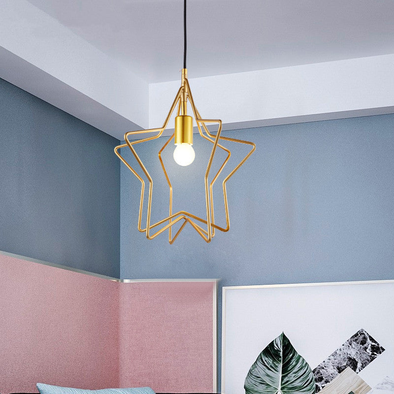 Lampada a soffitto a bulbo singolo Vintage Star Cage Metal Hanging Light in oro per sala da pranzo