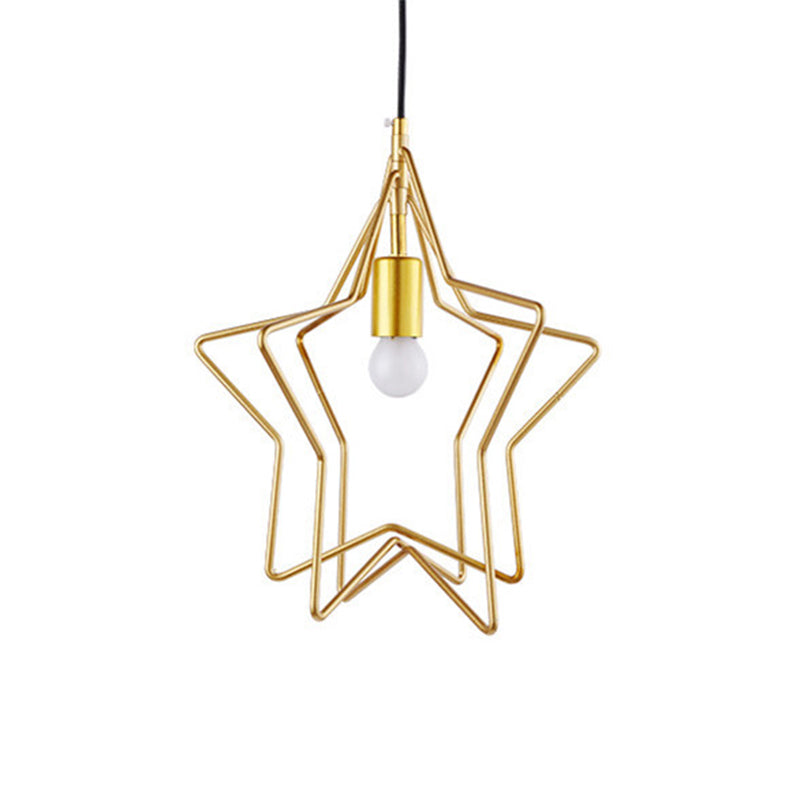 Lampada a soffitto a bulbo singolo Vintage Star Cage Metal Hanging Light in oro per sala da pranzo