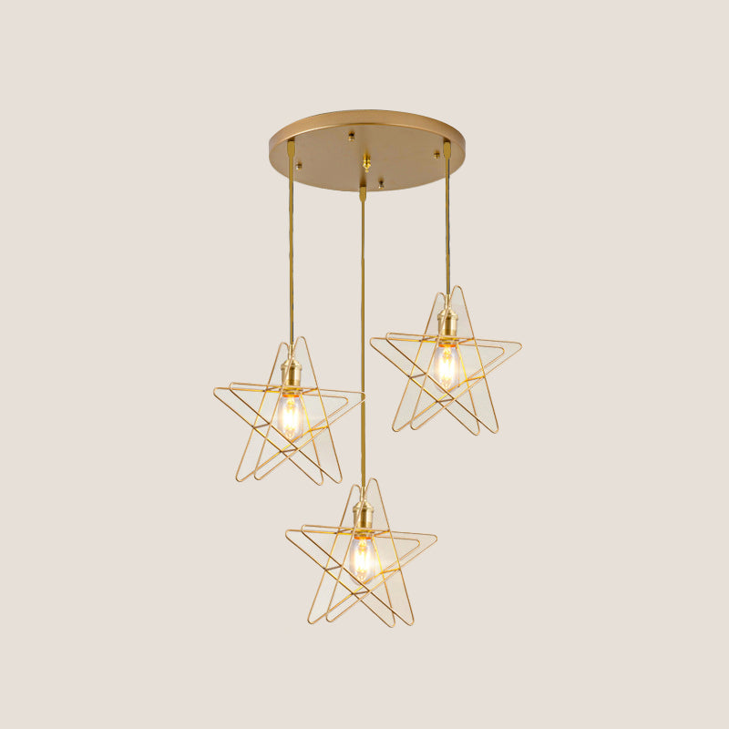 Gold Star Cage Multi Ceiling Light Simplicity Metal 3 Bulbs Dining Room Hanging Light