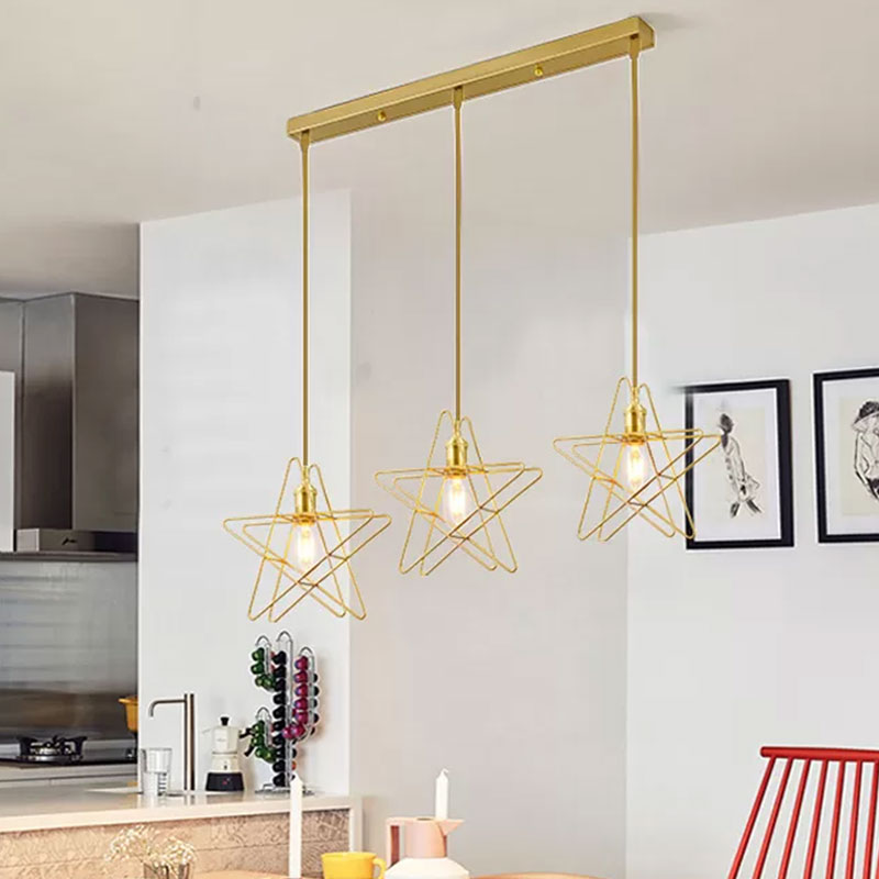 Gold Star Cage Multi Ceiling Light Simplicity Metal 3 Bulbs Dining Room Hanging Light