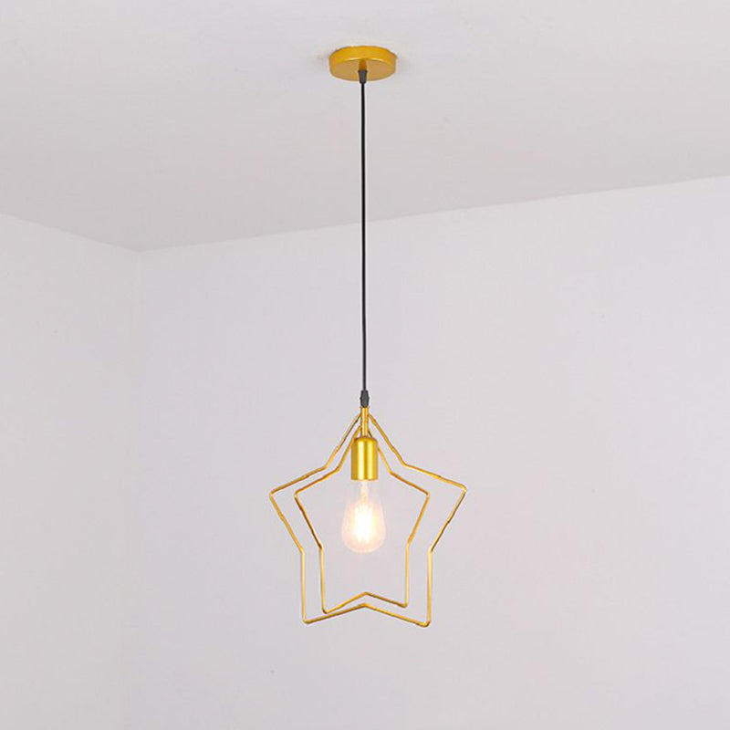 Star Cage Metal Pendant Light Antique 1-Light Dining Room Hanging Light Fixture in Gold