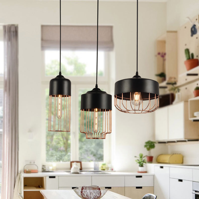 Iron Geometrical Cage Pendant Light Antique 1-Light Dining Room Hanging Light Fixture in Black