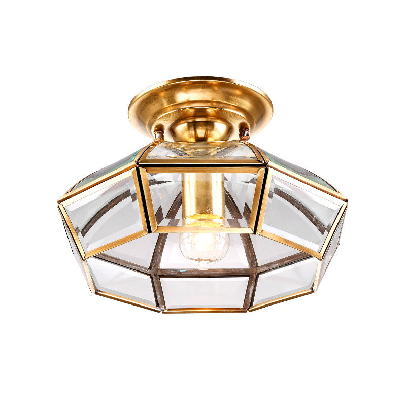 Brass Dome Shaped Semi Flush Light Simplicity Clear Glass 1 Bulb Living Room Flush Ceiling Light Fixture