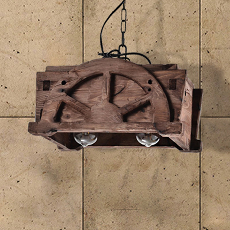 Clear Glass Brown Pendant Lamp Rectangle 2-Light Loft Style Chandelier Light Fixture with Wood