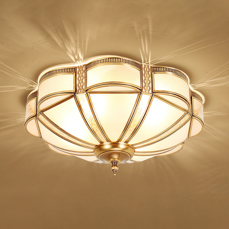 Scalloped Shaped Bedroom Flush Mount Lighting Classic Frost Glass Gold Semi Flush Chandelier