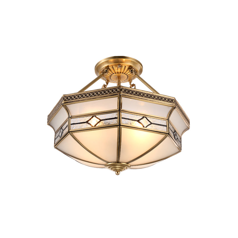 Traditional Dome Shaped Semi Flush Chandelier 6 Heads Frost Glass Ceiling Mounted Light in Gold