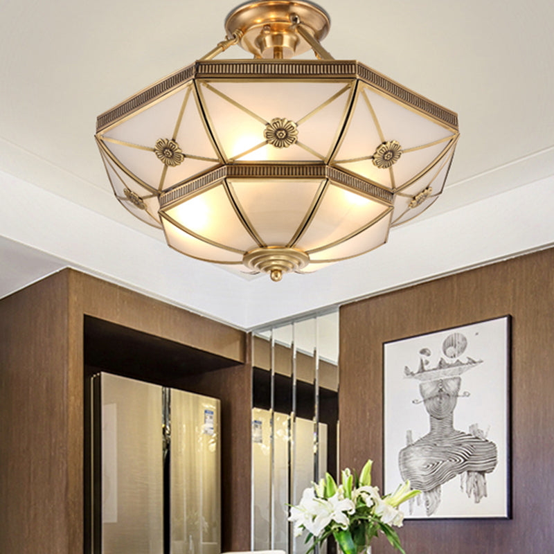 Traditional Dome Shaped Semi Flush Chandelier 6 Heads Frost Glass Ceiling Mounted Light in Gold