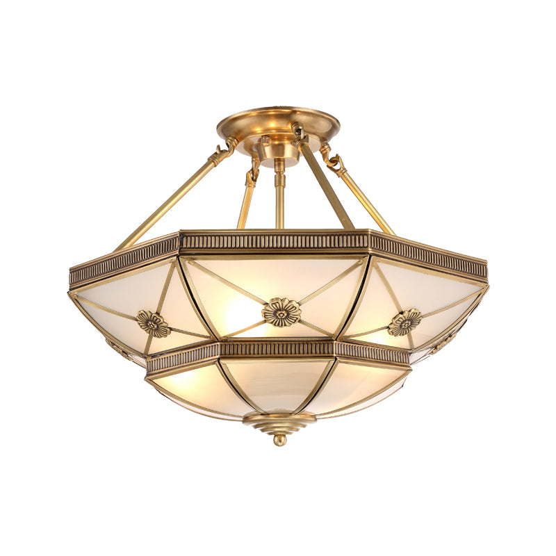 Traditional Dome Shaped Semi Flush Chandelier 6 Heads Frost Glass Ceiling Mounted Light in Gold