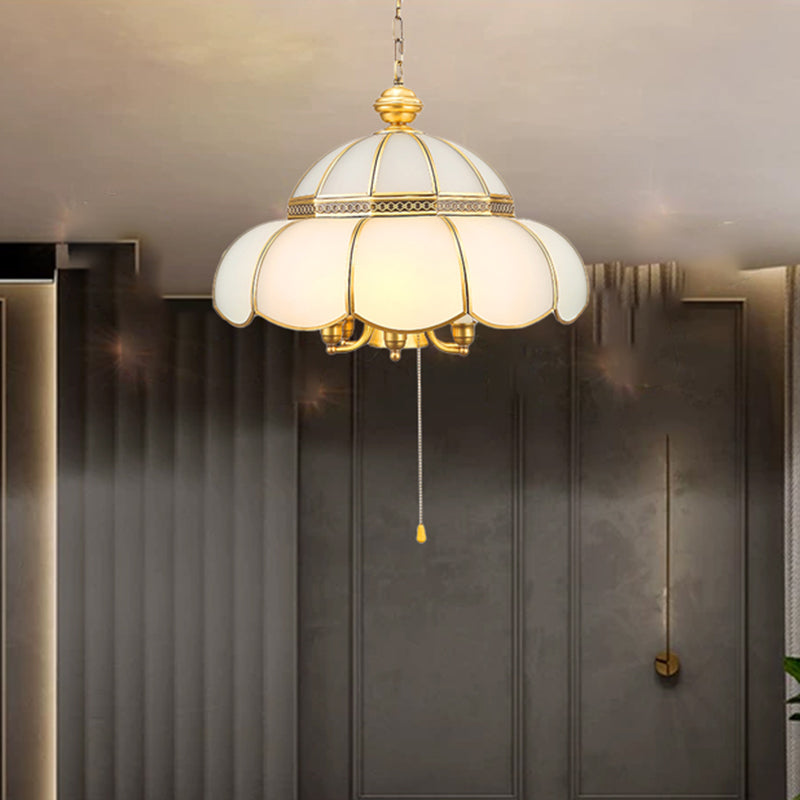 6 Bulbs Cream Glass Suspension Light Traditional Gold Scalloped Corridor Chandelier Light with Pull Chain