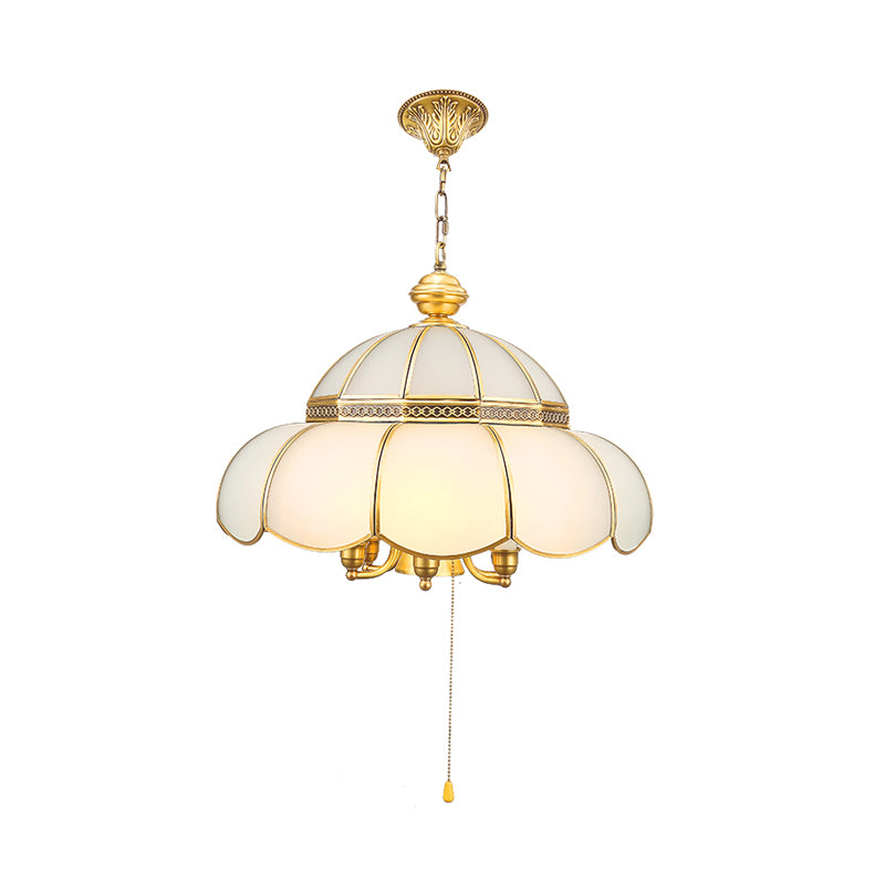 6 Bulbs Cream Glass Suspension Light Traditional Gold Scalloped Corridor Chandelier Light with Pull Chain